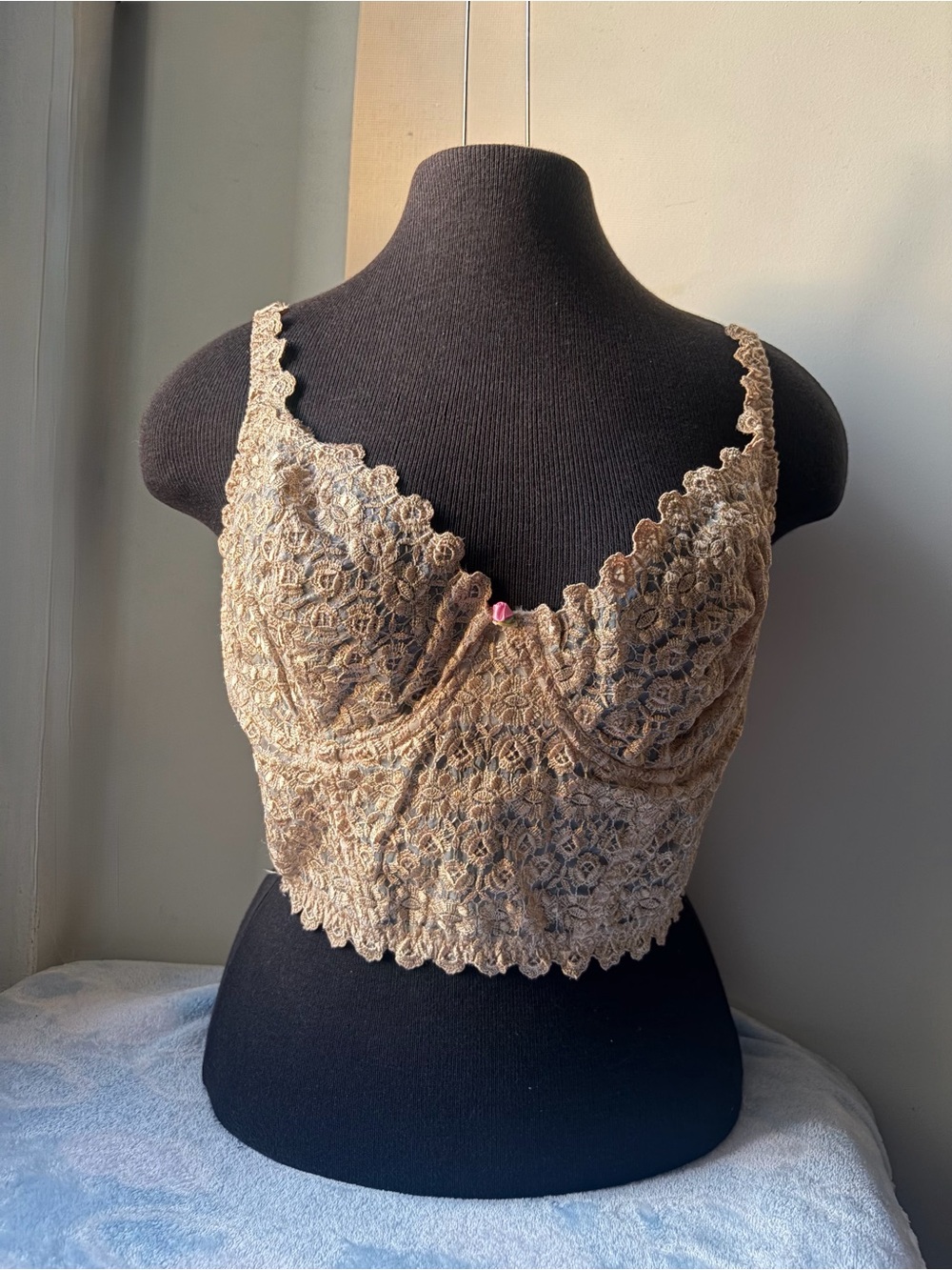 Vintage Victoria's Secret Bustier Womens 40C Gold Lace Longline Floral 90s